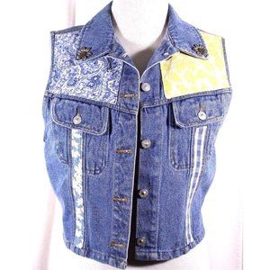 Blue Denim Yellow Vest Metal Floral Embelishment THREADS ON THREADS Size M L